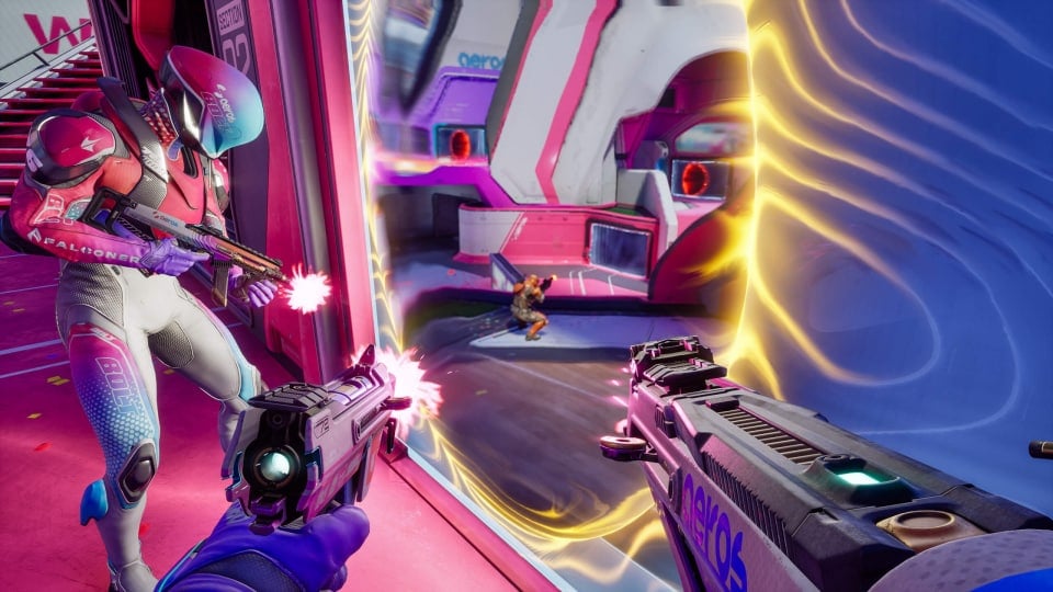 A player firing weapons through a portal in Splitgate 2