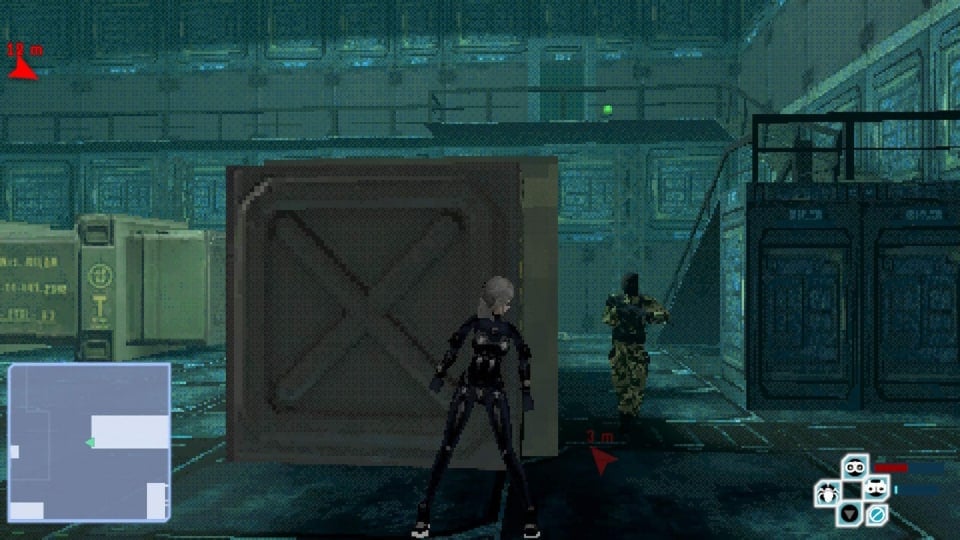 The main character hiding against a wall in Spy Drops