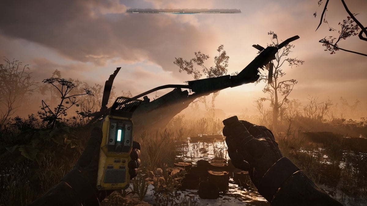 The protagonist looks at a downed helicopter in Stalker 2: Heart of Chornobyl