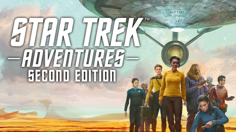 A promotional image for Star Trek Adventures Second Edition, a Starfleet crew can be seen disembarking from a starship on to a desolate desert world.