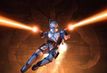 Jango Fett blasting at the screen in artwork for Star Wars: Bounty Hunter