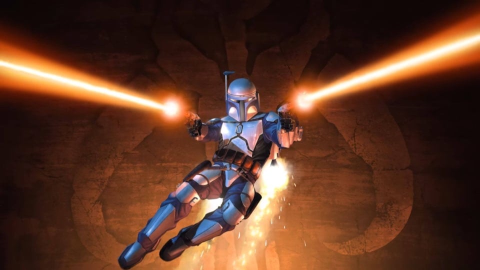 Jango Fett blasting at the screen in artwork for Star Wars: Bounty Hunter