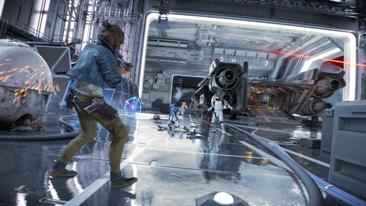 Kay shooting at stormtroopers in an Empire base's hangar.