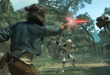 Kay shooting at a floating droid while in battle with Stormtroopers in Star Wars Outlaws