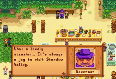 The Governor in Stardew Valley saying "what a lovely occasion...It's always a joy to visit Stardew Valley"