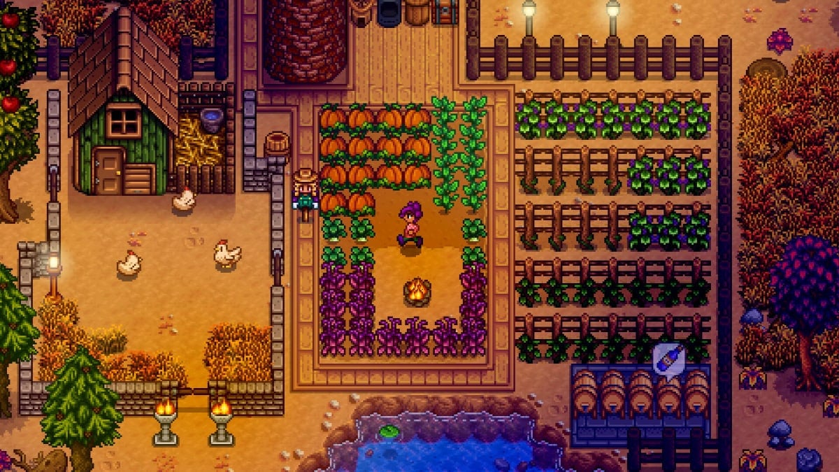 A player walking around their farm in Stardew Valley, a ConcernedApe game