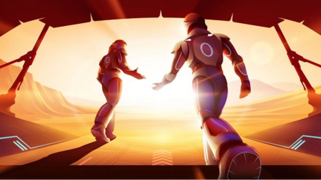 Promotional artwork of the Starscape RPG, showing two crewmates in space suits stepping off a ramp onto an alien planet.