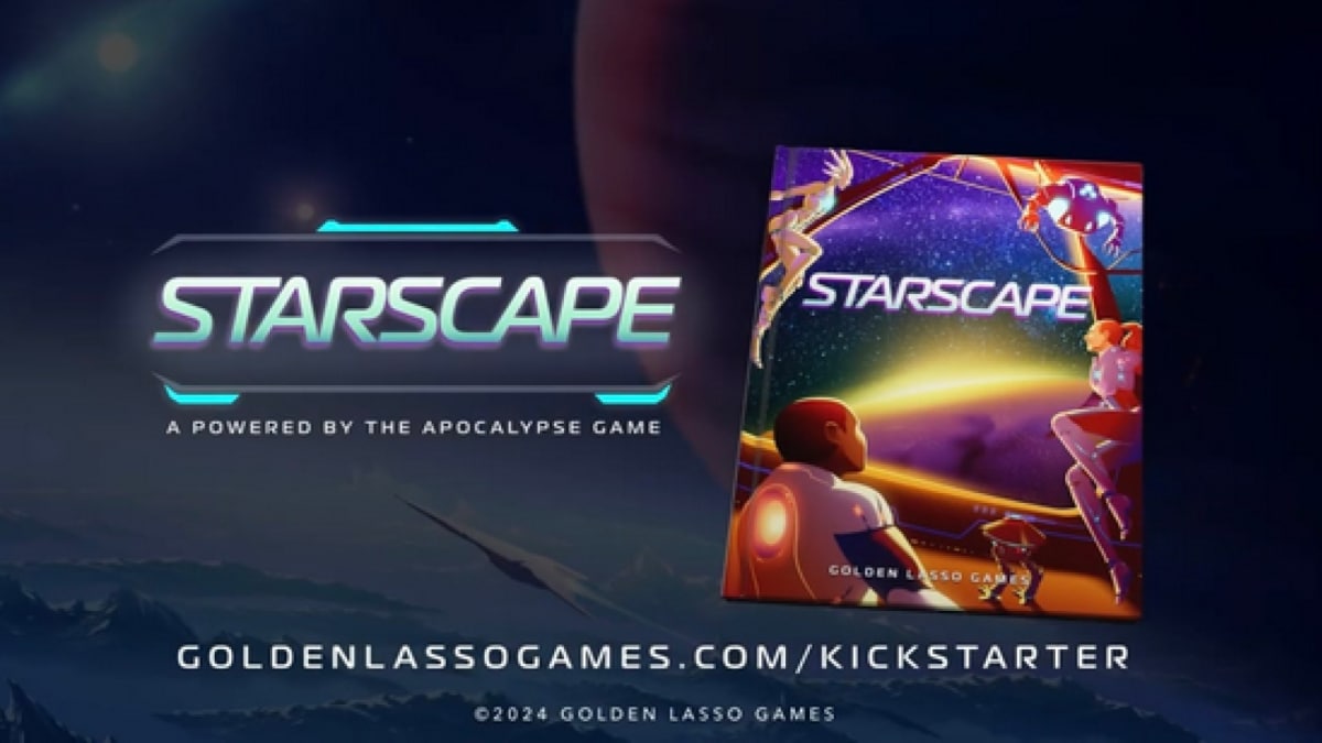 A promo image of the TTRPG Starscape, showing the core rulebook's cover in a dark blue background.