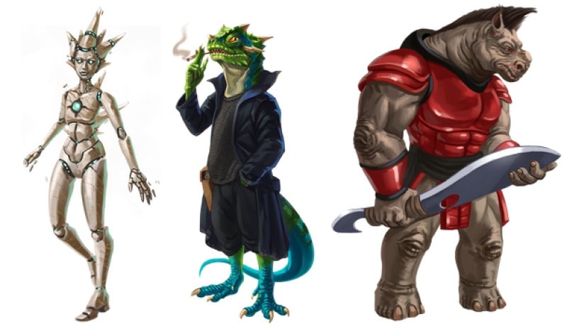 Promotional artwork of the Starscape RPG, showing artwork of a robot, a reptile man, and a rhino person