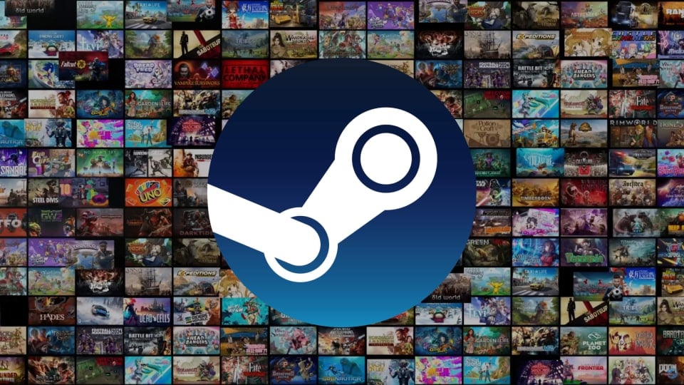 The Steam logo against a backdrop of games in a tile format