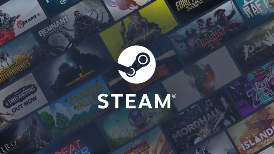 The Steam logo set against a tiled backdrop of some of the games Valve is selling on the store