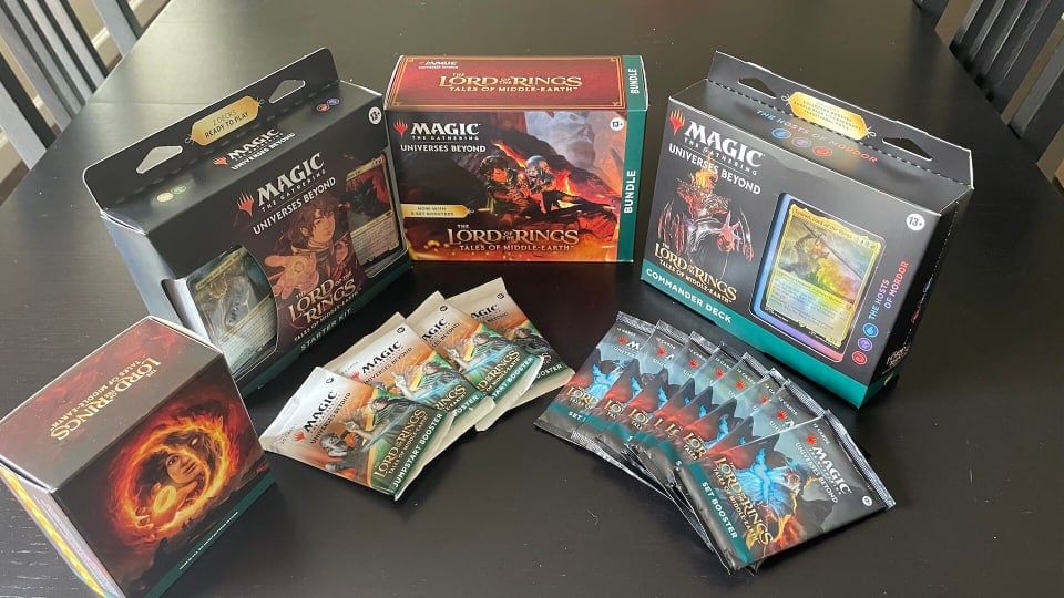 An image of MTG Tales of Middle-earth bundle of new products, including a pre-release set and more.