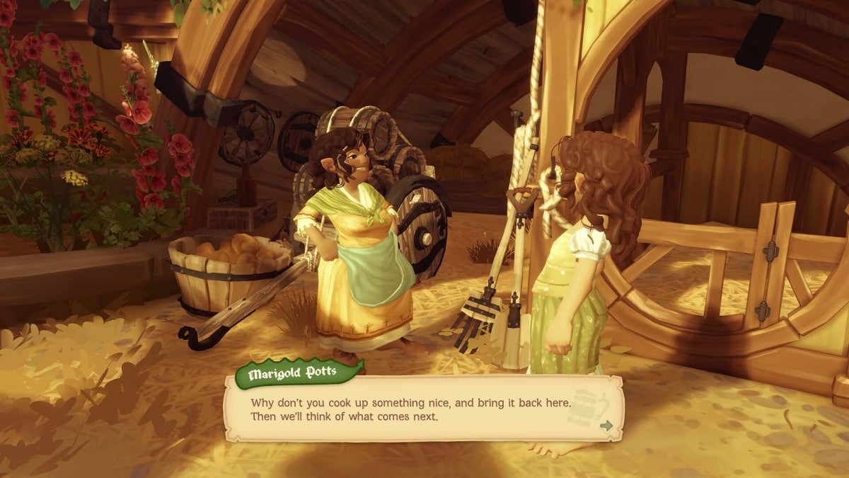 The player character talking to Marigold Potts about cooking.