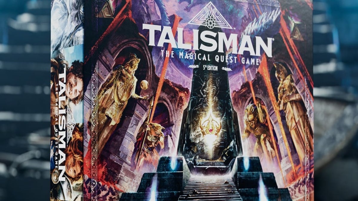 Featured box art of Talisman Fifth Edition, showing a large glowing stone talisman in an ancient tomb.