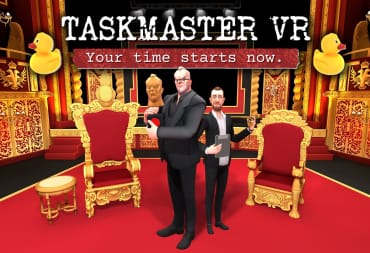 Greg Davies and Alex Horne standing on stage of the Taskmaster set in the VR game.