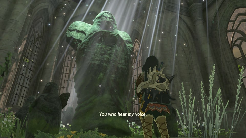 Link standing in front of the Hylia statue in Tears of the Kingdom in Tears of the Kingdom