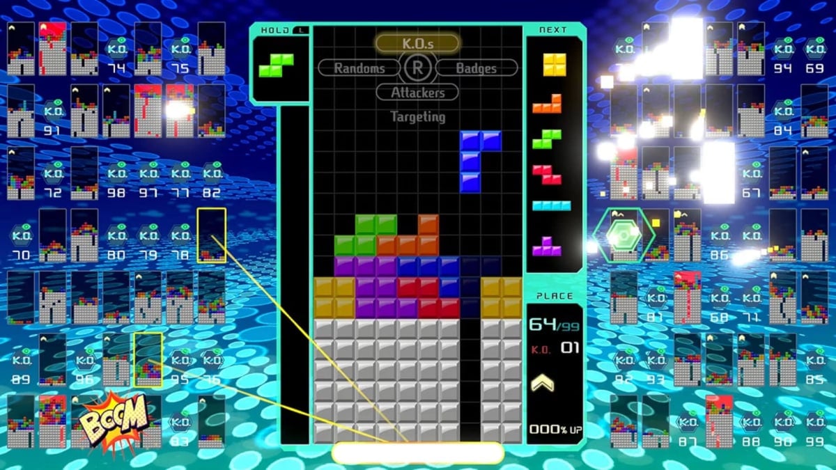 A competitive game of Tetris being played in the battle royale game Tetris 99 on Switch