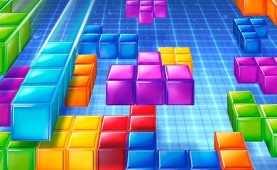 Blocks falling in artwork for a Ubisoft Tetris game, representing the signed copy of the NES version being auctioned off for charity