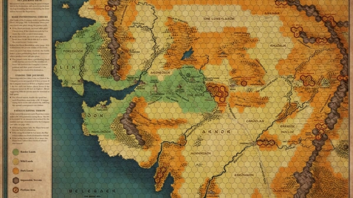 A map with a yellowed paper texture, a mass of land to the right and an ocean to the left. Along the left side there is a scroll with a lot of text inside.