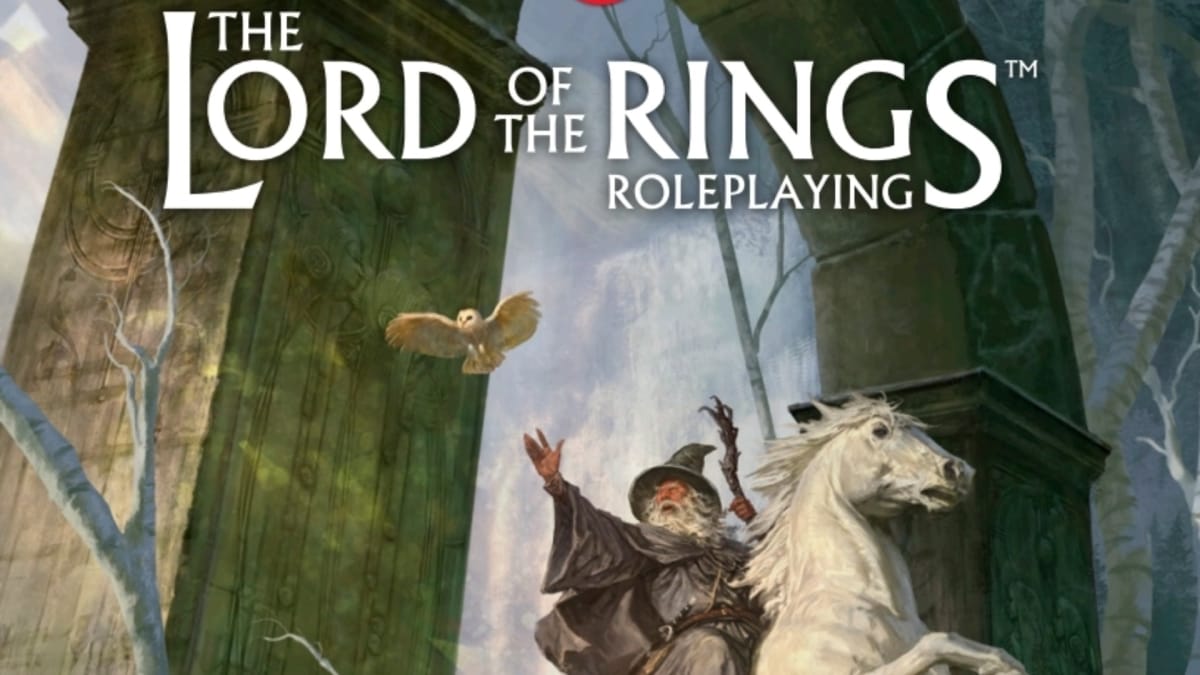 Image of a grey-clad wizard riding a white horse through a gate while reaching out towards an owl. The worlds "The Lord of the Rings Roleplaying" are written across the top