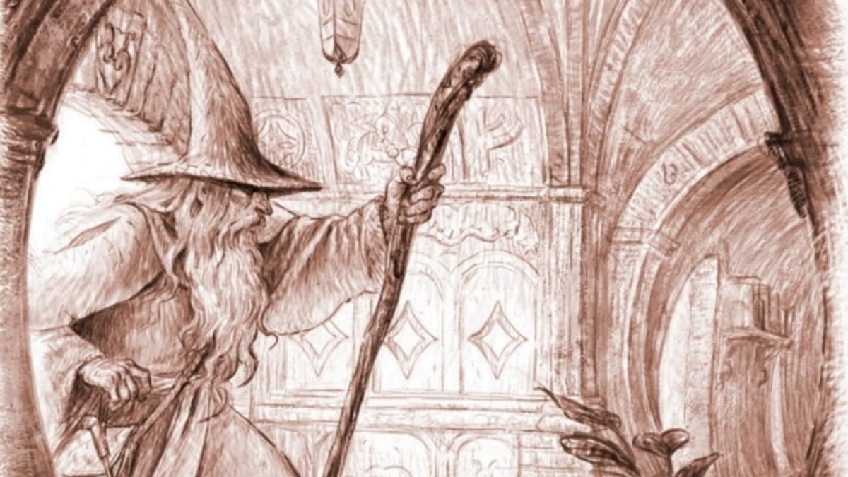 A Pencil-like sketch of an old man with a pointed hat, cloak, and staff walking into a house with a round door.