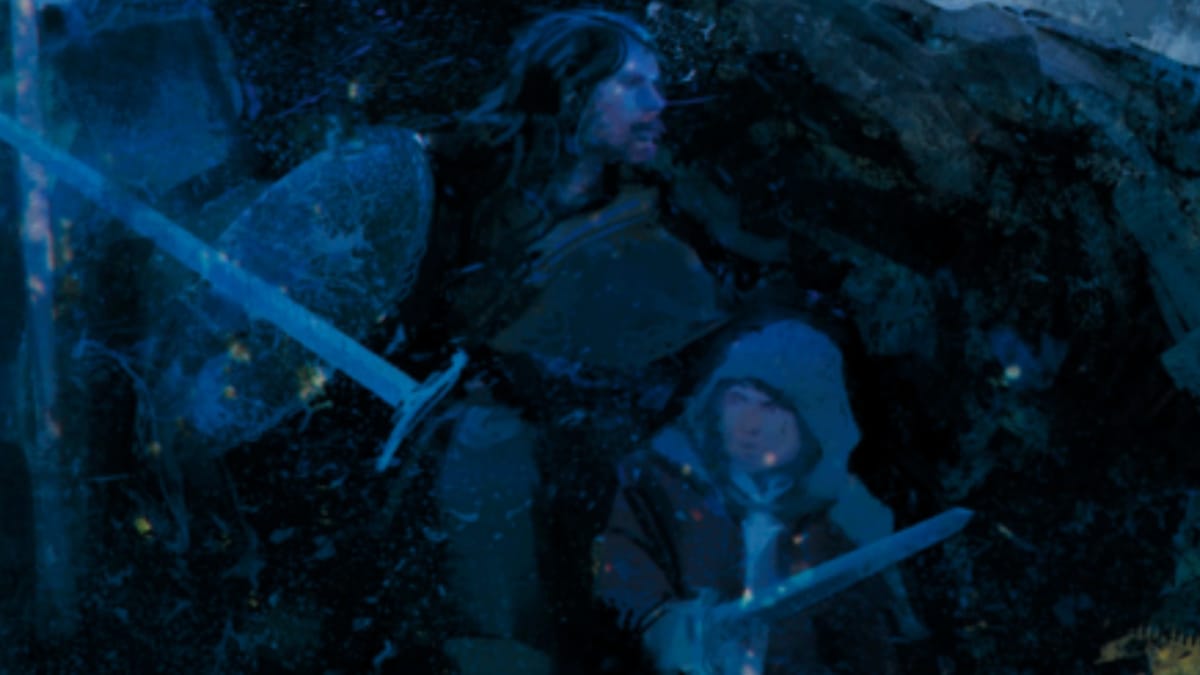 hand-painted art depicting a small character with a cloak and knife cowering in front of a larger character wielding a sword and shield leaning over them protectively.