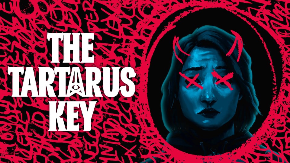 The logo for The Tartarus Key, surrounded by cryptic red scribbles and a portrait of a woman with her eyes crossed out.