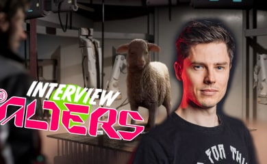 Jan looking at a Sheep in The Alters with Rafał Włosek's headshot from 11Bit studios