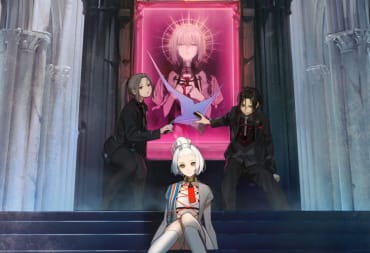 The two potential protagonists and X posing against a portrait backdrop in The Caligula Effect 2