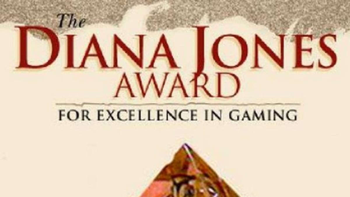 A promo image of the Diana Jones Award for Excellence in Gaming, the text is in a formal red cursive on a yellowed parchment background.