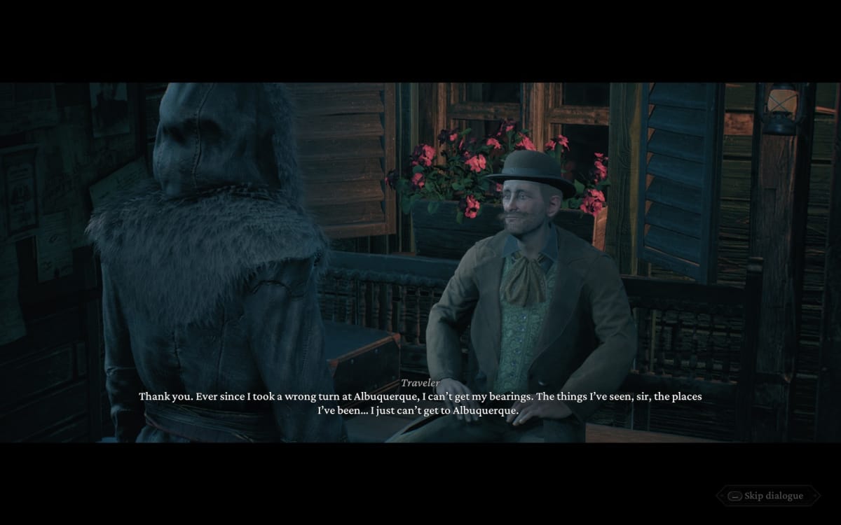 The Thaumaturge screenshot showing a man sat on a bench while he makes a bugs bunny reference