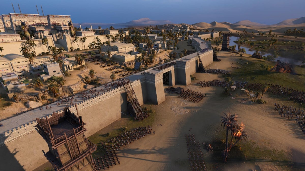 An army laying siege to an Egyptian city in Total War: Pharaoh