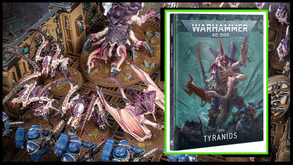 An image of the Tyranids 10th Edition Codex featuring the book overlayed atop an image of Tyranids going to war.