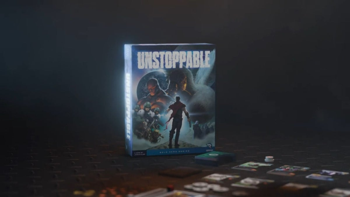 A screenshot of promotional art showing the box art of the Unstoppable board game on a black background.