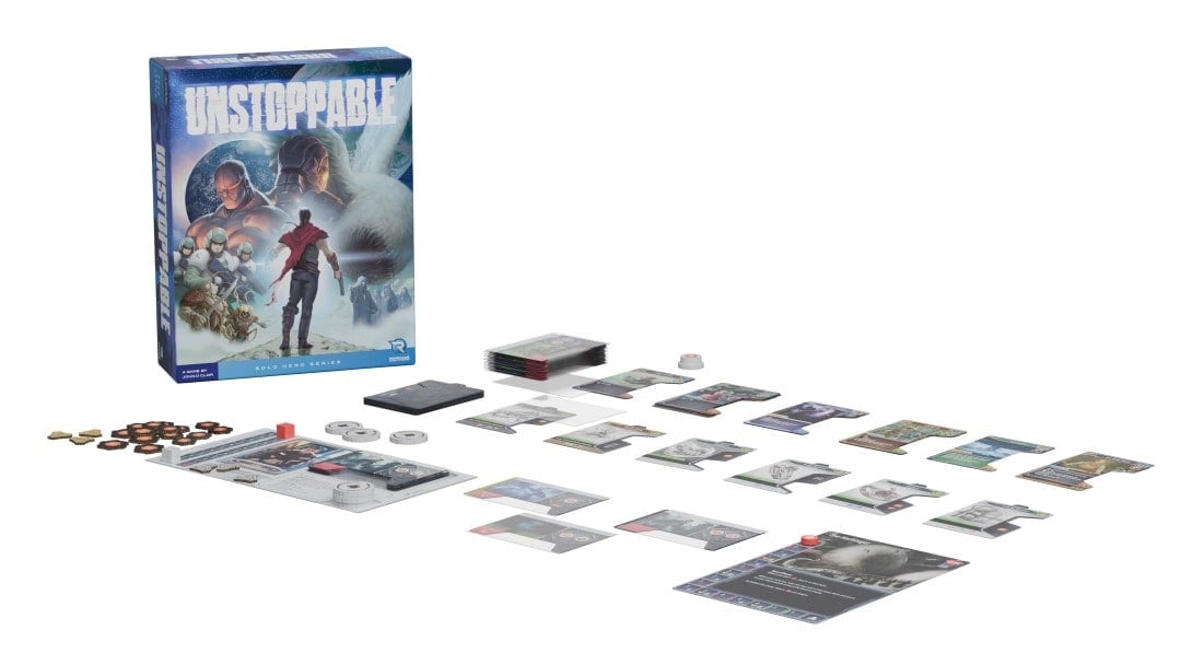 A screenshot of the box and game pieces for the Unstoppable board game