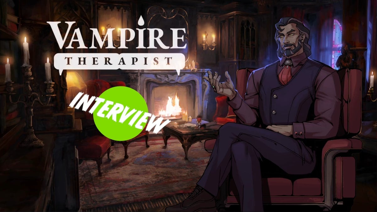 The Vampire Therapist key art with the TechRaptor interview pin on it