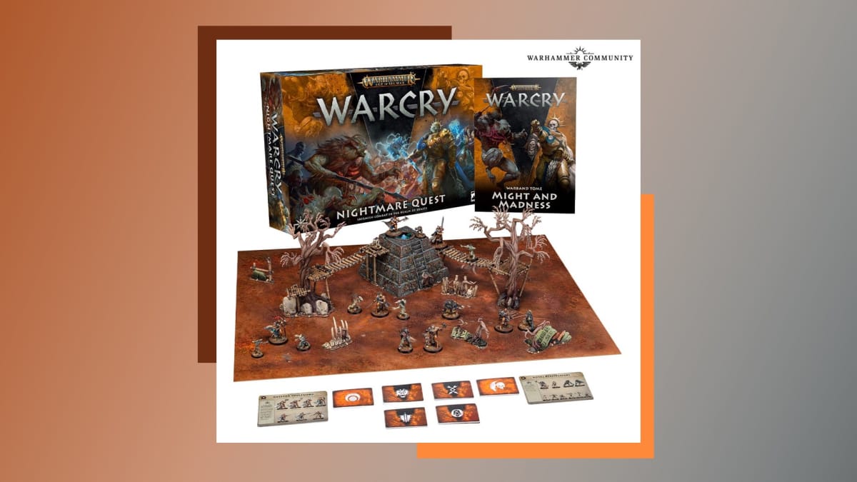 An image of the box contents of Warcry Nightmare Quest, including the box, a game board, and miniatures