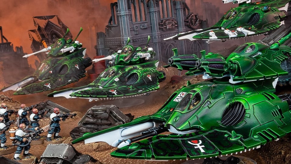 A screenshot of miniatures, including several floating tanks, from Warhammer 40,000.