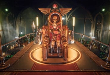 The player character standing in front of a throne in Warhammer 40k: Rogue Trader