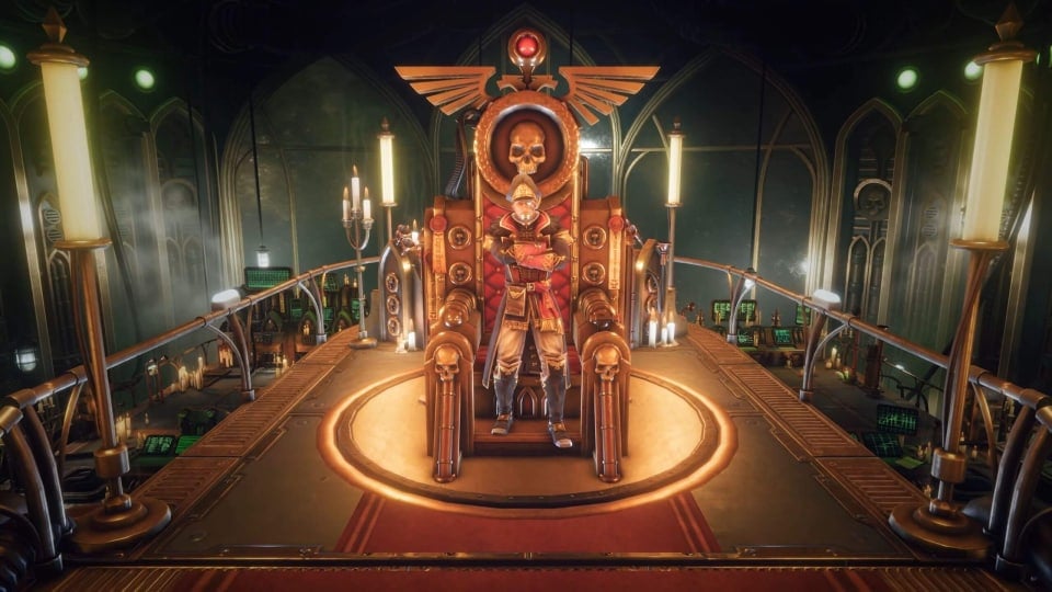 The player character standing in front of a throne in Warhammer 40k: Rogue Trader