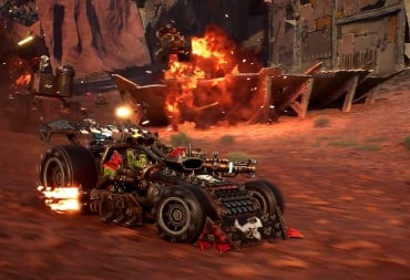 An Ork racing through a wasteland in Warhammer 40k: Speed Freeks