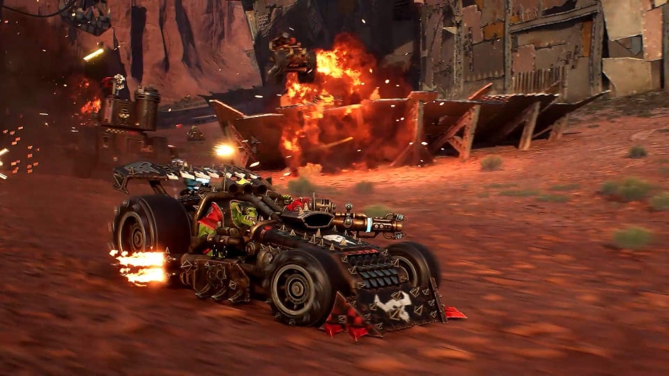 An Ork racing through a wasteland in Warhammer 40k: Speed Freeks