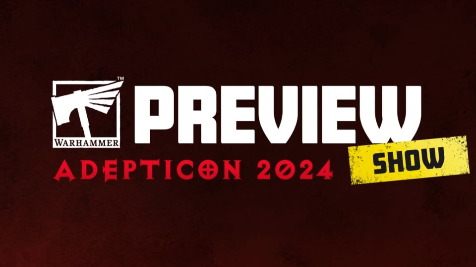 A promotional image of the upcoming Adepticon 2024 Preview show, showing the logo on a dark red background.