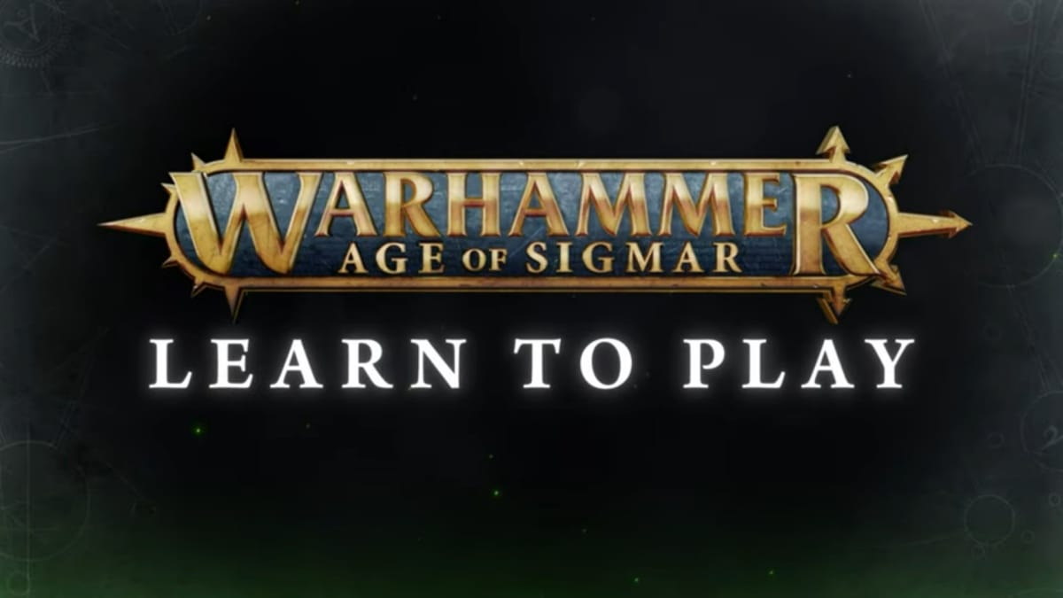 THe logo for Warhammer Age of Sigmar on a black background, the words "learn to play" in white letters is displayed below the logo.