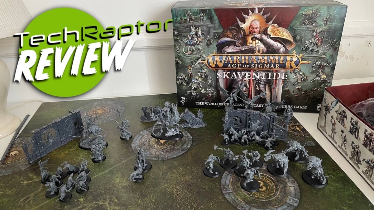 An image of the new Warhammer Age of Sigmar Skaventide launch box, and many built minis among it.