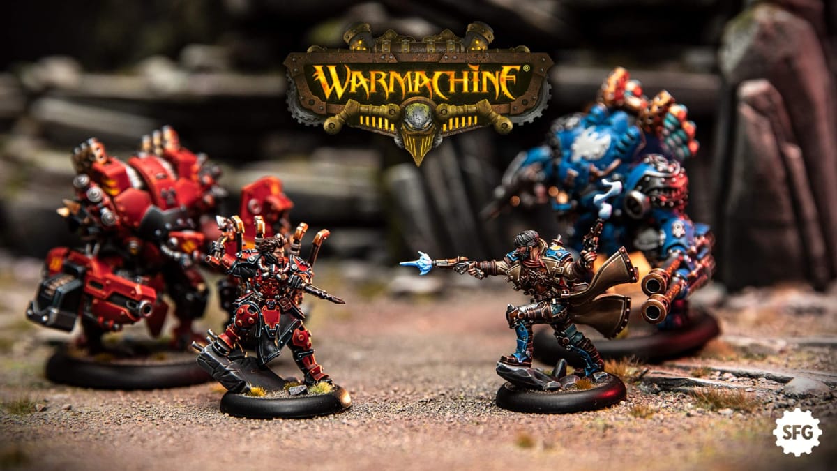 Warmachine miniatures set to battle, with Warmachine title in the middle, and the Steamforged Games logo in the bottom right