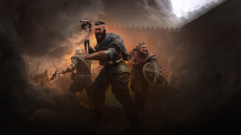 Key art for Wartales, depicting soldiers screaming against the backdrop of a battlefield