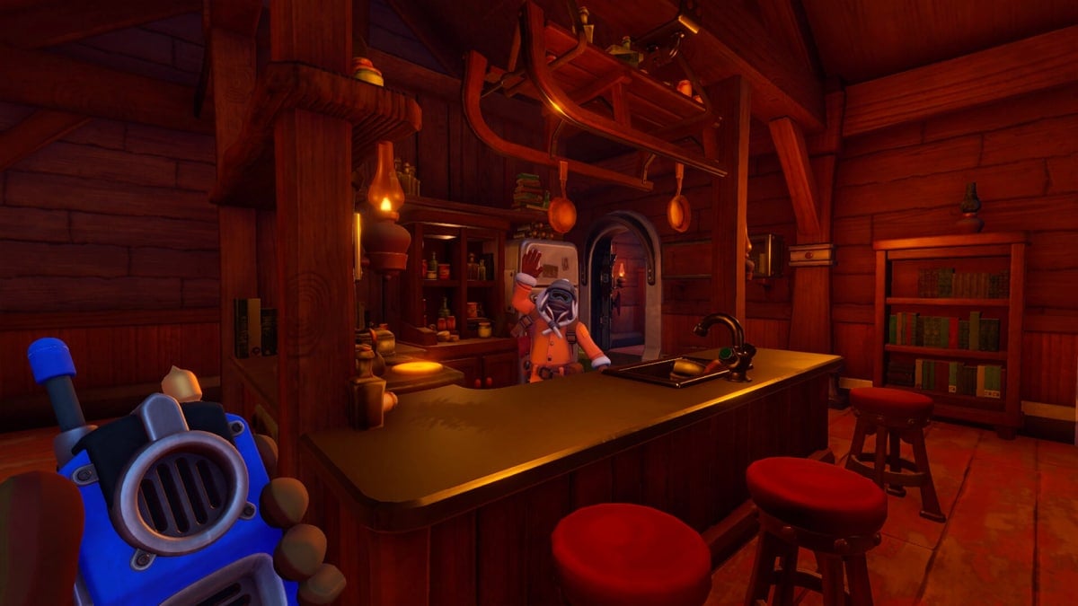 A player waving from behind a bar in We Were Here Together