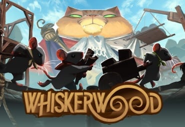 Key art for the city builder Whiskerwood, which depicts a cat and some mice carrying resources