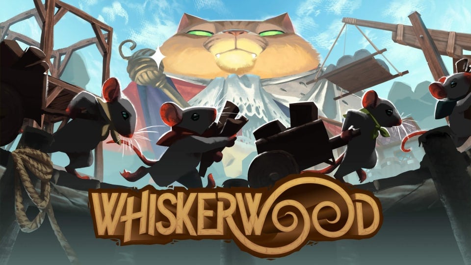 Key art for the city builder Whiskerwood, which depicts a cat and some mice carrying resources